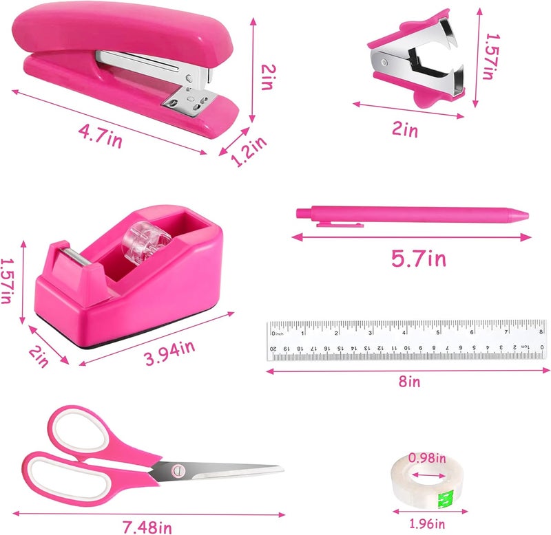 Dimonluce Hot Pink Desk Accessories, Hot Pink Office Supplies Accessories with Tape Dispenser, Stapler, Staple Remover, 1000 Staples, Tape, Clips Set, Ruler, Scissor, Pen - Image 5